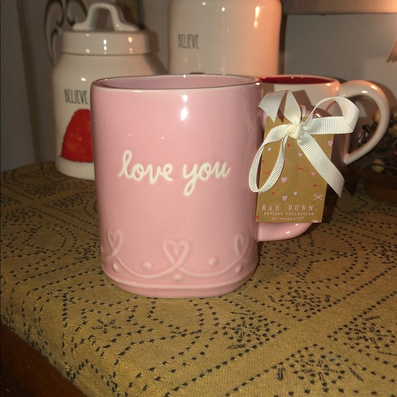Rae Dunn Other - Rae Dunn LOVE YOU Mug Dusty Pink with Raised Heart Scroll Design